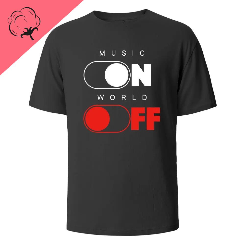 Хлопковая футболка с принтом 'Music on World Off' Дышащая и удобная Летняя Повседневная С круглым вырезом Мужская одежда