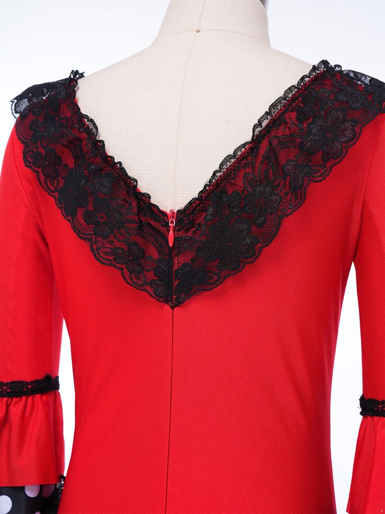 Girls V Neck Contrast Dots Tiered Ruffle Flamenco Dress Lace Trim 3/4 Sleeves Back Invisible Zipper for Performance Competition