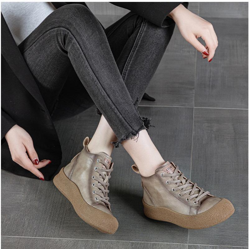 Retro First-layer Cowhide High-top Board Shoes Autumn New Leather Wear-resistant Casual Versatile Platform Women's Shoes