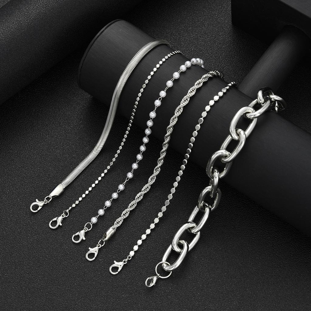 6pcs Vintage Pearl Snake Chain Bracelet Set For Women Fashion Chunky Flat Round Design Twisted Chain Bracelet Daily Wear Jewelry