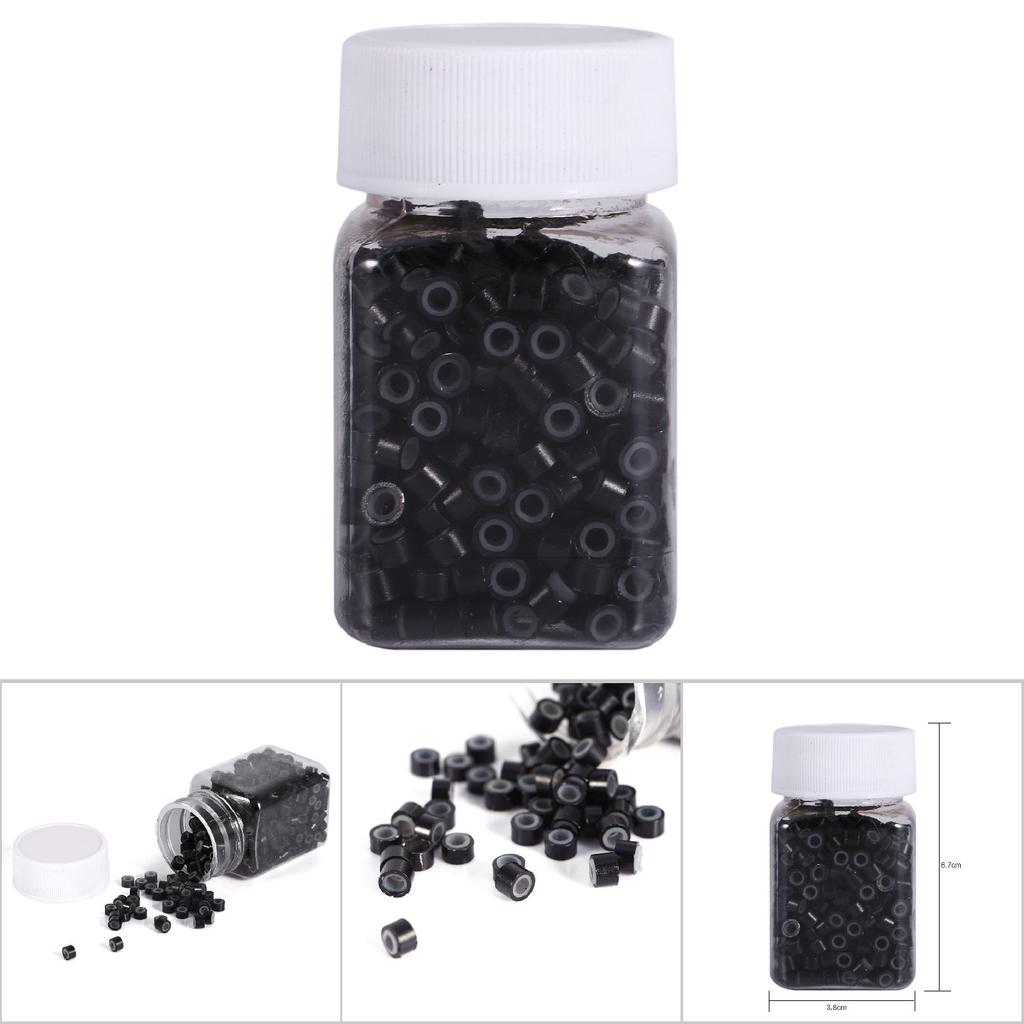 500PCS Bottle Silicone Lined Feather Human Hair Extension Beads Link Rings(500PCS Black)