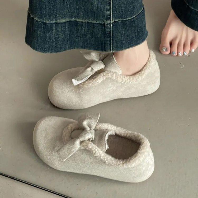 Бархатные Birkenstocks «все включено» Новые осенне-зимние пушистые туфли с бантом хлопковые туфли
