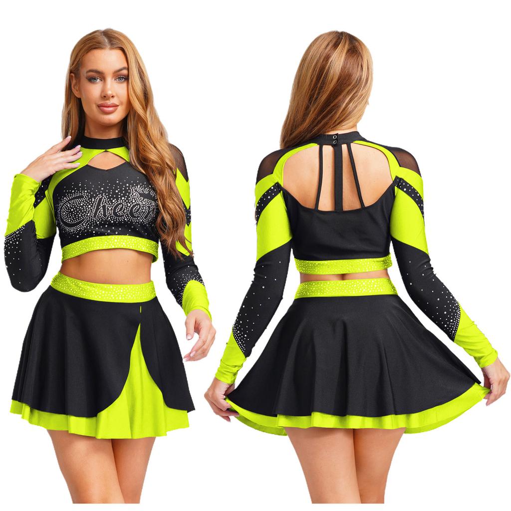 Комплект из 2 предметов: форма для танцев и черлидинга для женщин S-XXL: Привлекающий внимание топ со стразами и контрастная юбка для сцены или Хэллоуина