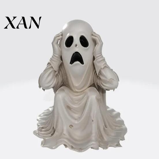 Desktop Halloween Decor Ghost Figurine, Scary Face Statue, Resin Spooky Wrinkled Robe Statue White Decoration for Indoor Home, Office, Desk Ornament