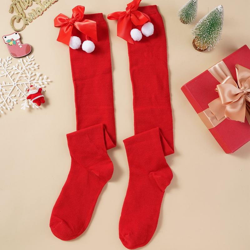 Christmas Green Red Women Cotton Stocking Striped Over The Knee Bowknot Long Socks