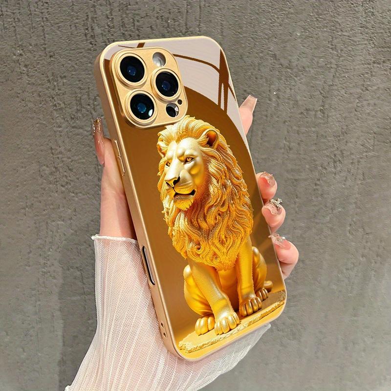 Модный стеклянный чехол для телефона с дизайном золотого льва для iPhone17 16 Pro Max/16/15 Pro/14 Plus/13 Pro Max/12/11 Pro, Элегантный чехол