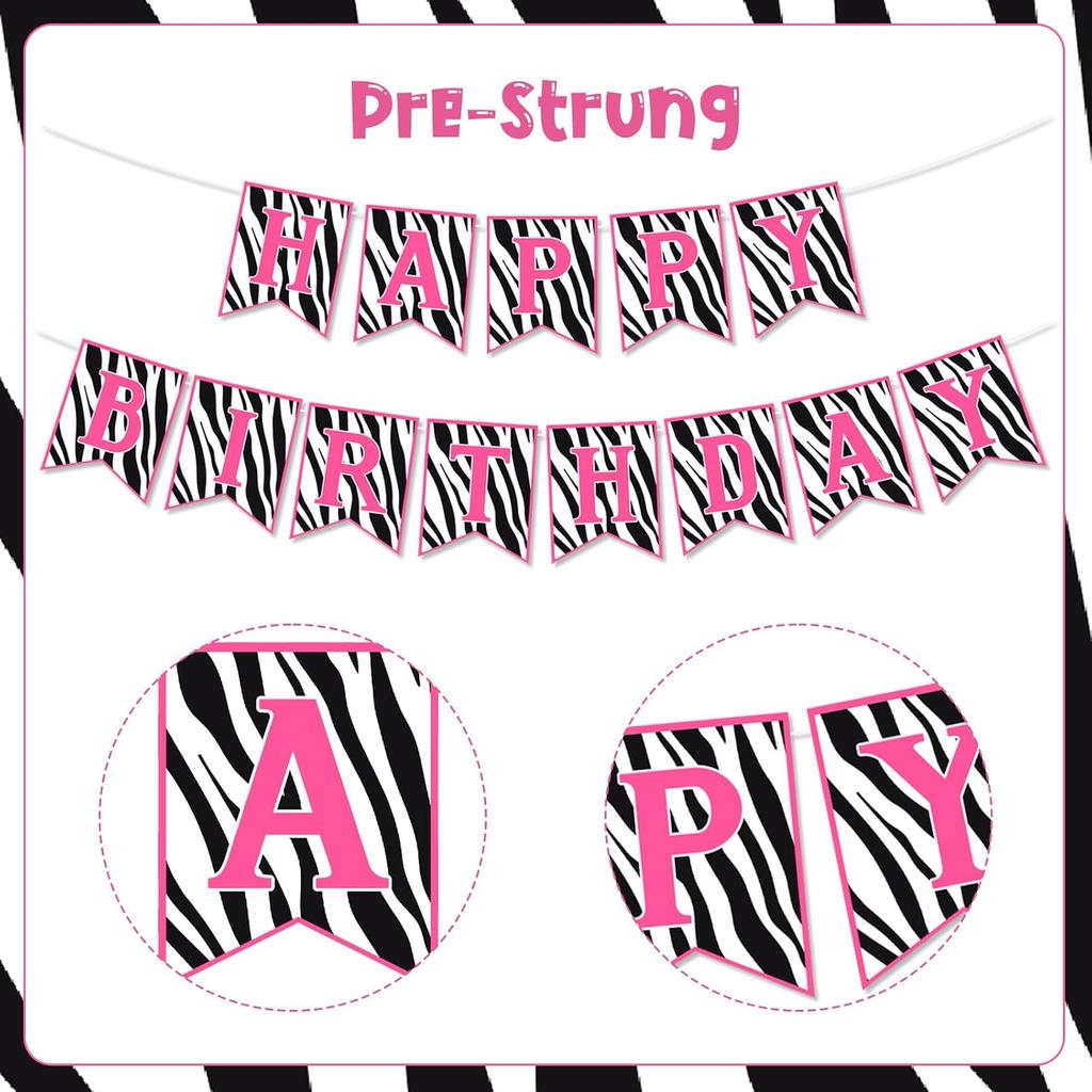 Zebra Birthday Decorations Pink Pre-Strung Zebra Happy Birthday Banner Wildlife Zebra Print Party Supplies for Safari Jungle Theme Bday Party