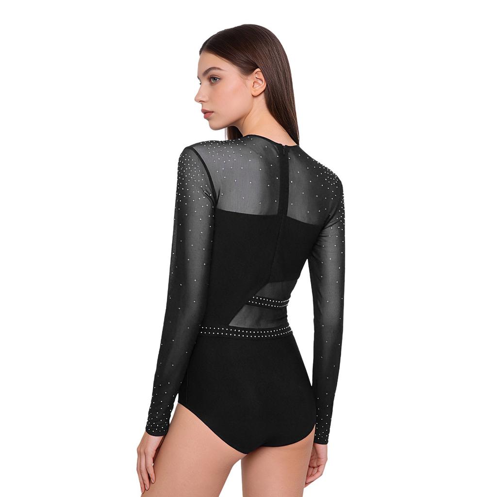 Women Shiny Rhinestones Patchwork Sheer Long Sleeve Color Block Gymnastics Leotard Bodysuit