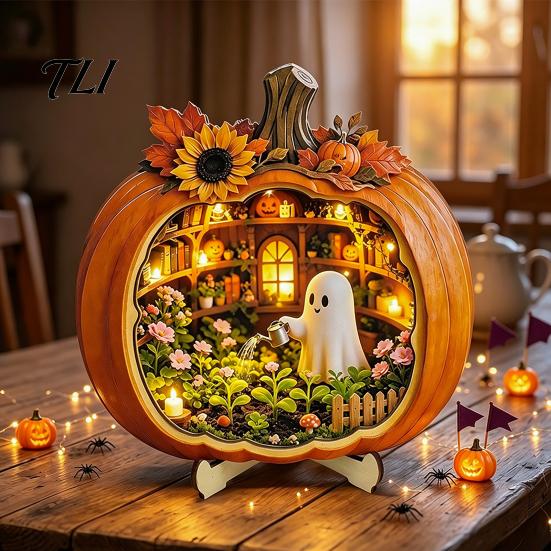 Spooky Cute Halloween Figurines Ghost Pumpkin Tabletop Sign, Wooden House with Mini Small Indoor Thanksgiving Displays Scene, Fall Harvest Desktop