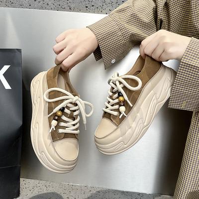 Губчатый торт толстая подошва первый слой коровья кожа повседневная обувь женская весна и осень нескользящая дышащая универсальная ретро спортивная обувь на платформе женская