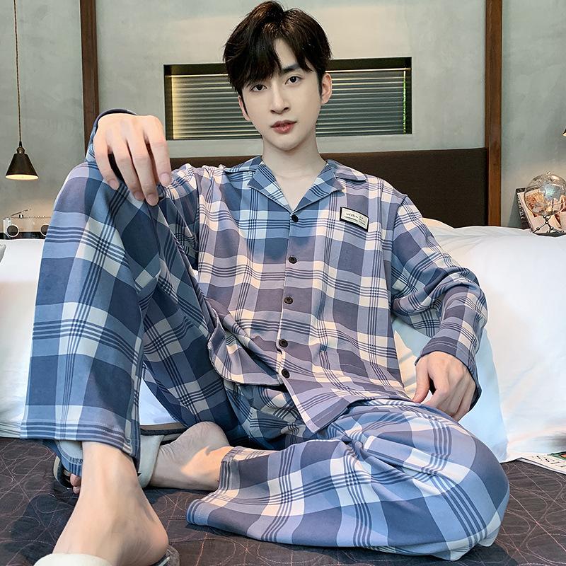Хлопковая мужская пижама весна-осень с длинными рукавами ночная рубашка новый кардиган в клетку домашняя одежда для сна одежда для отдыха