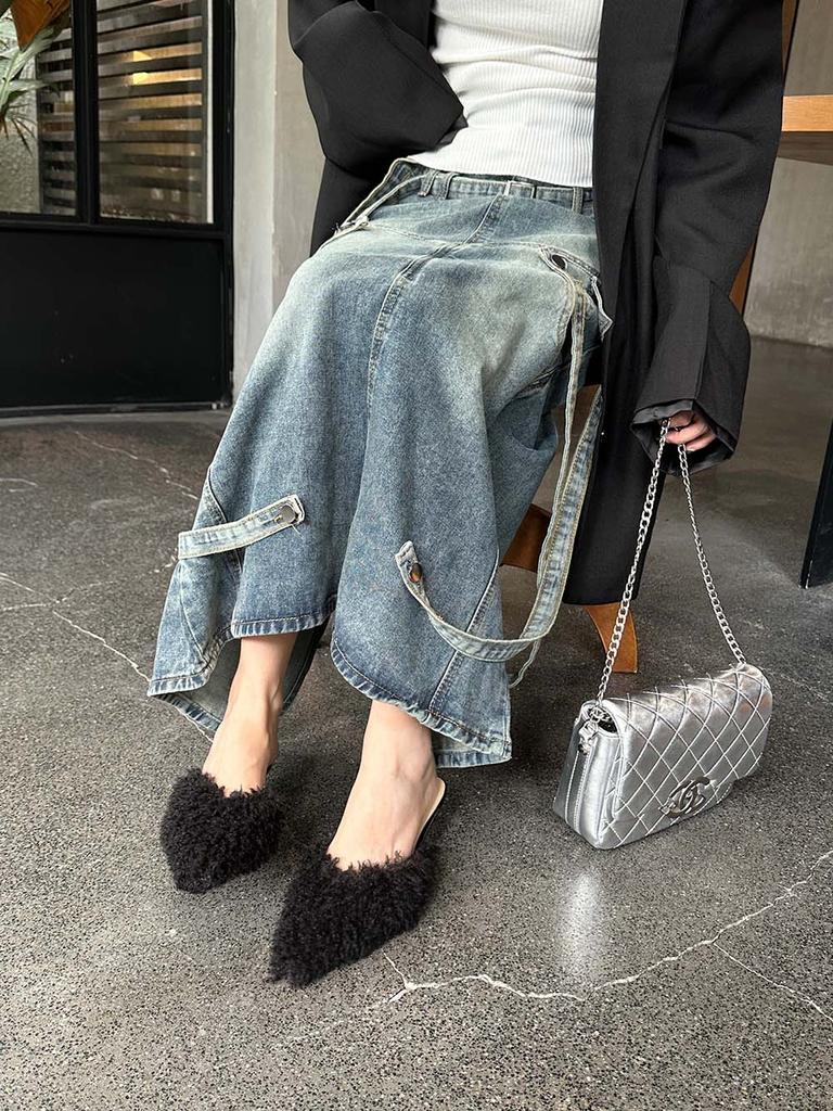 Fashion Pointed Toe Women Slides Slippers 2024 New Arrivals Fur Design Thin Low Heels Black White Khaki Party Dress Shoes Woman Slippers