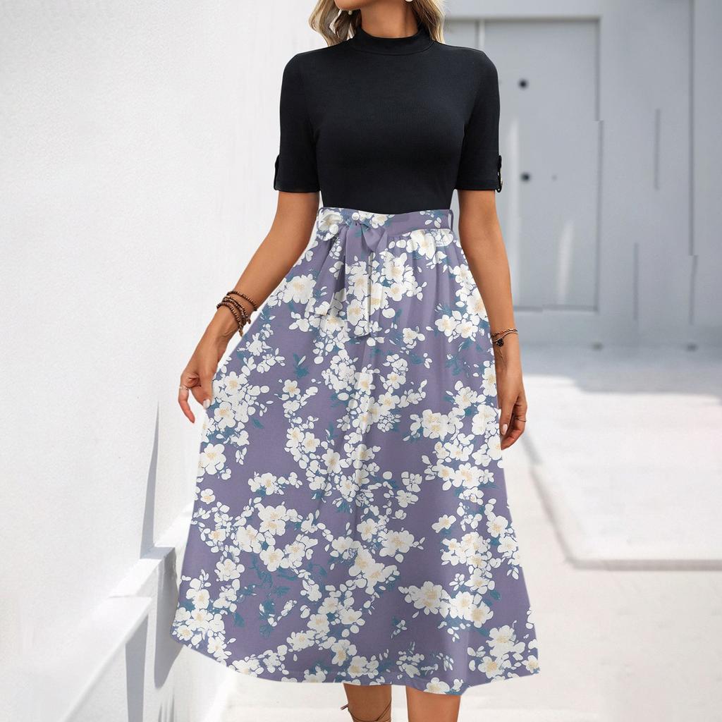 Women's Fashion Casual Belt Short Sleeve Round Neck Floral Elegant Temperament Dress