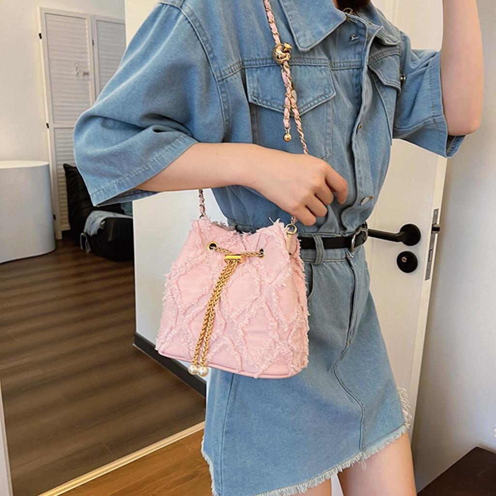Ling Grid Chain Bucket Bag, Simple Crossbody Bag, Women's Trendy Drawstring Tassel Shoulder Bag
