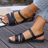 Plus Size One Word Buckle Strap Women's Shoes Vintage Round Toe Open Toe Flat Roman Casual Beach Shoes