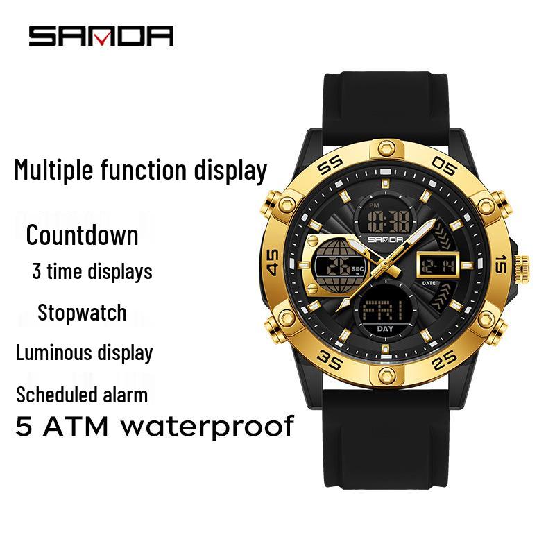 Многофункциональные спортивные часы SANDA 3D – 3 часовых пояса, водонепроницаемые, студенческие наручные часы