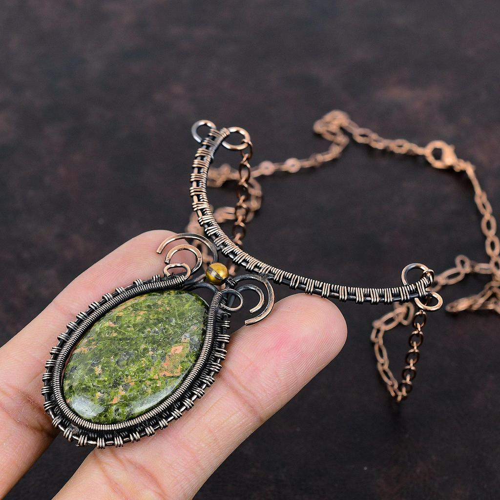 Ожерелье из драгоценных камней унакит, обернутое медной проволокой, регулируемое медное ожерелье, ювелирные изделия ручной работы, ожерелье из проволоки, специальный женский подарок