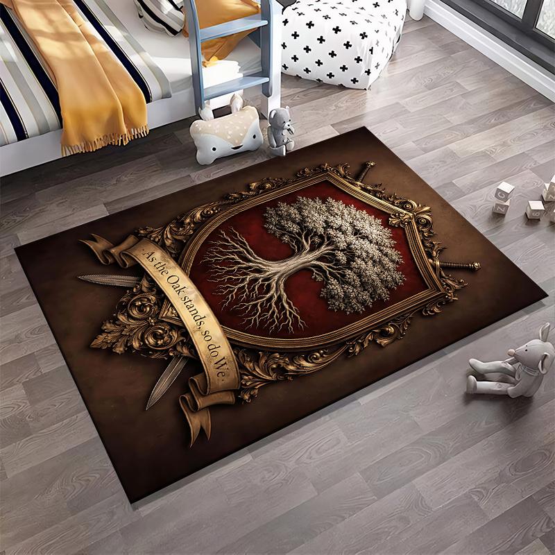 "Tree of Life Crest Print Carpet with Banner 'As the Oak Stands'" Suitable for use as an anti-slip for living room bedroom sofas