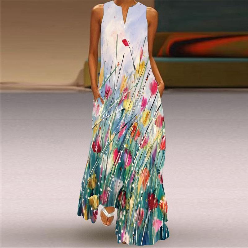 QICED Summer Women's Sleeveless Long V-Neck Printed Jade Flower Dresses