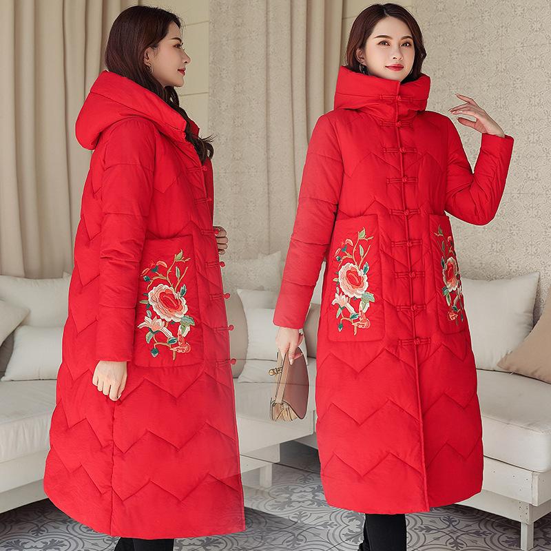 New Guofeng disc-buckled cotton-padded clothing women's medium and long knee-embroidered winter embroidered Chinese cotton-padded jacket