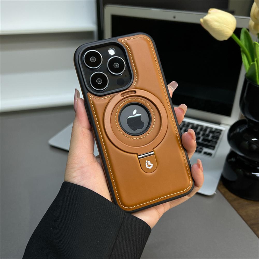 Роскошный магнитный чехол-подставка из искусственной кожи для iPhone 16 15 14 13 12 Pro Max Magsafe Wireless Charging Hollow Logo Cover