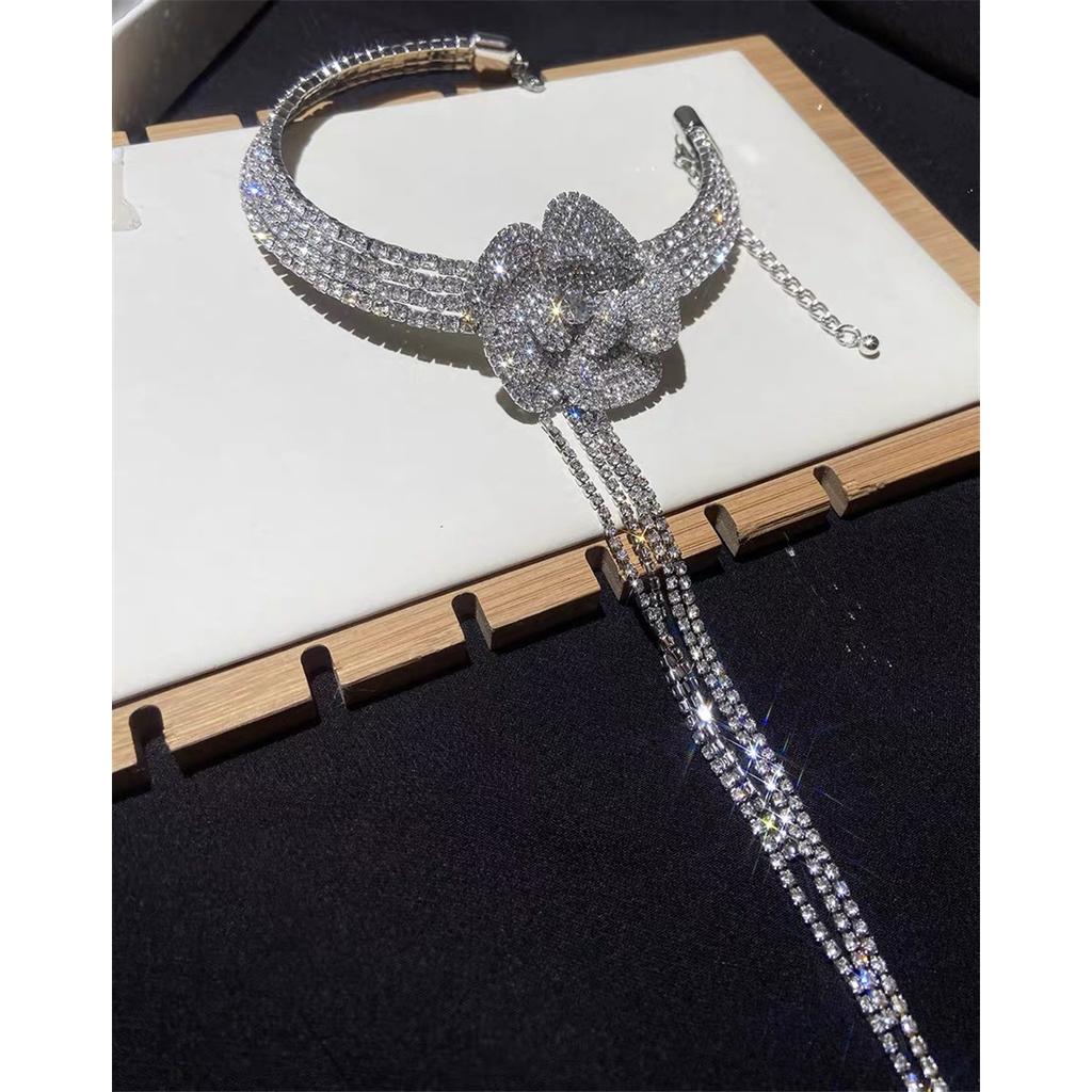 Tooxika Full Diamonds Multi-layer Flash Diamond Flowers Tassel Collar Light Luxury Bridal Wedding Dinner Necklace Women