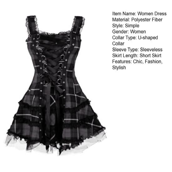 Steampunk Mini Medieval Dress for Women Plaid Renaissance Corset Lace Trim