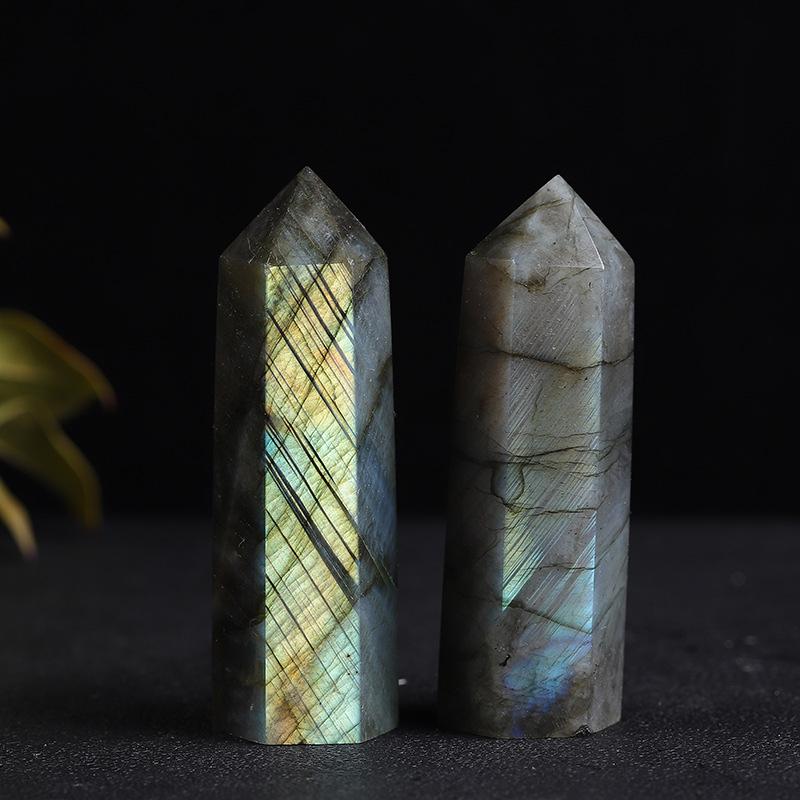 Natural Labradorite & Gray Moonstone Hexagonal Prism Crystal Ornament