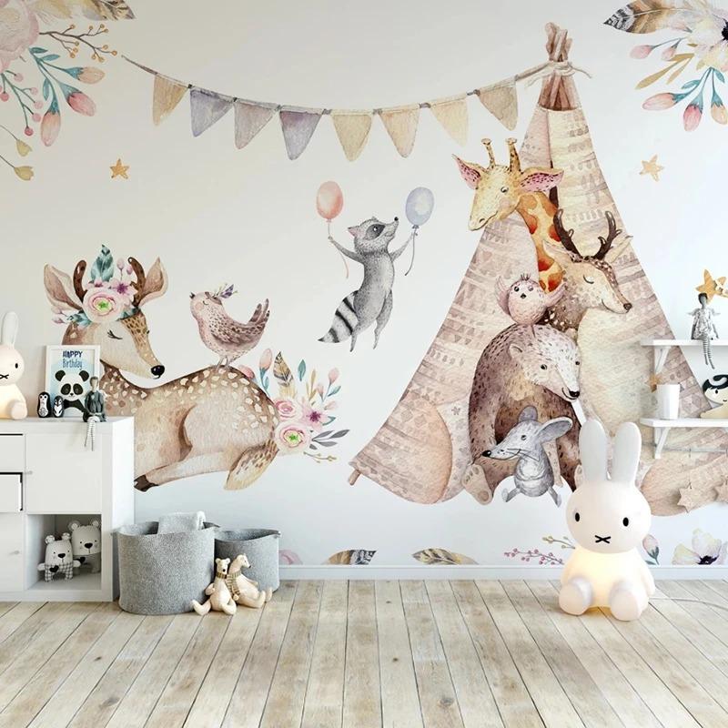 Мультфильм 3D Mural Животное Лось Жираф Обои Дети Детская Комната Спальня Фон Обои Домашний Декор