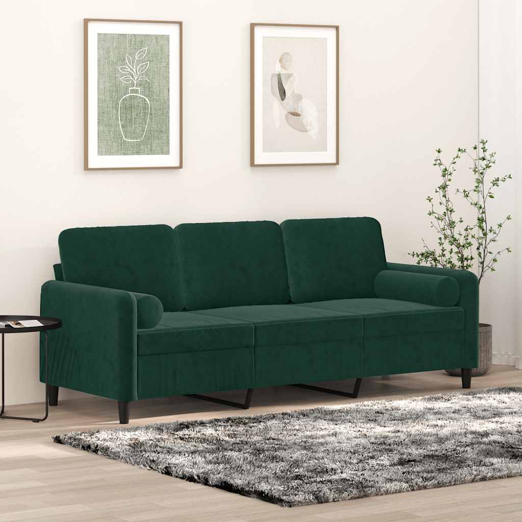 Vidaxl 3-Osobowa Sofa Z Poduszkami, Ciemnozielona, 180 Cm, Aksamit