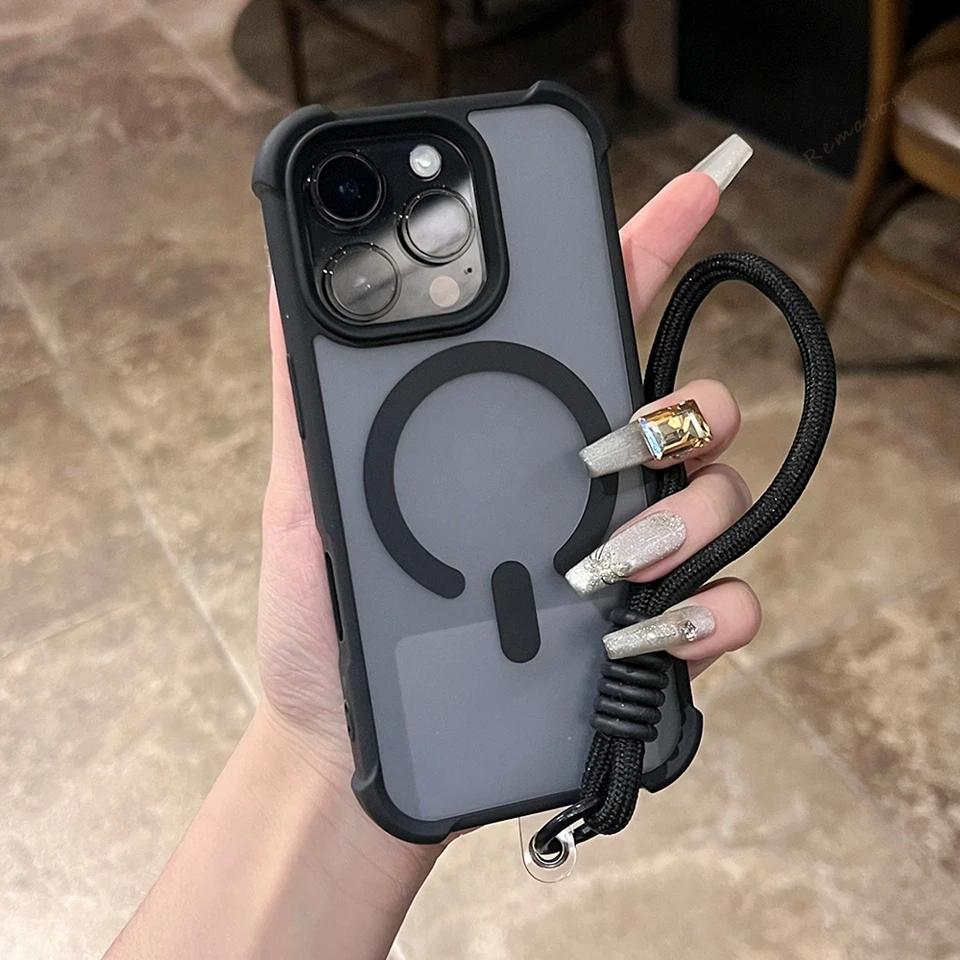 Чехол для телефона для iPhone 16E 15 14 16 Plus 11 12 13 16 Pro Max Магнитный ремешок на запястье Magsafe Шнурок Защитник Ударопрочный чехол