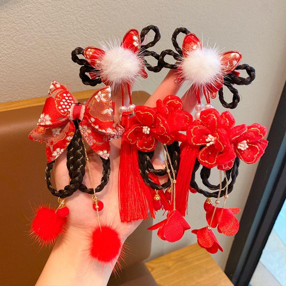 Braid Hair Children Wig Hairpin Flower Hanfu Hair Sticks Lovely Chinese New Year Headwear Girls