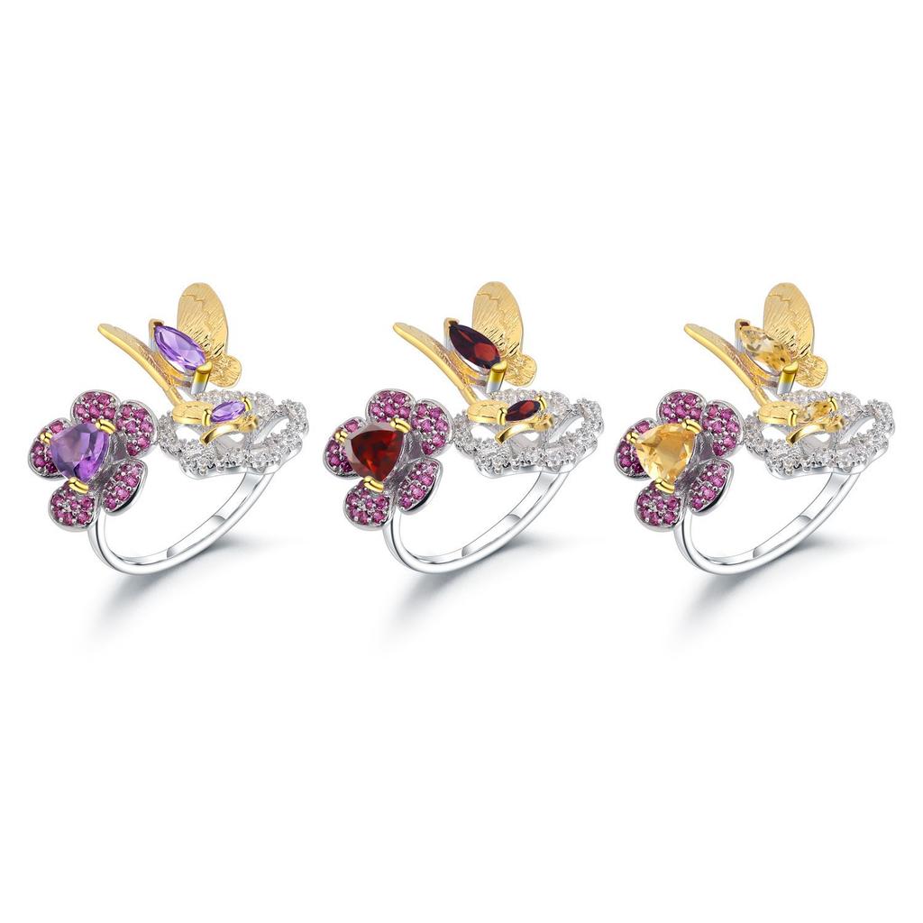 Original Designer Natural Amethyst Ring, Natural Style Butterfly Flower Design, 925 Silver Open Adjustable Ring