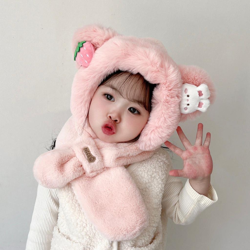 Children'S Winter Hat, Scarf, Integrated Hat, Two-Piece Set, Warm Baby Windproof Ear Protection, Thickened Two-Piece Set For Boys And Girls