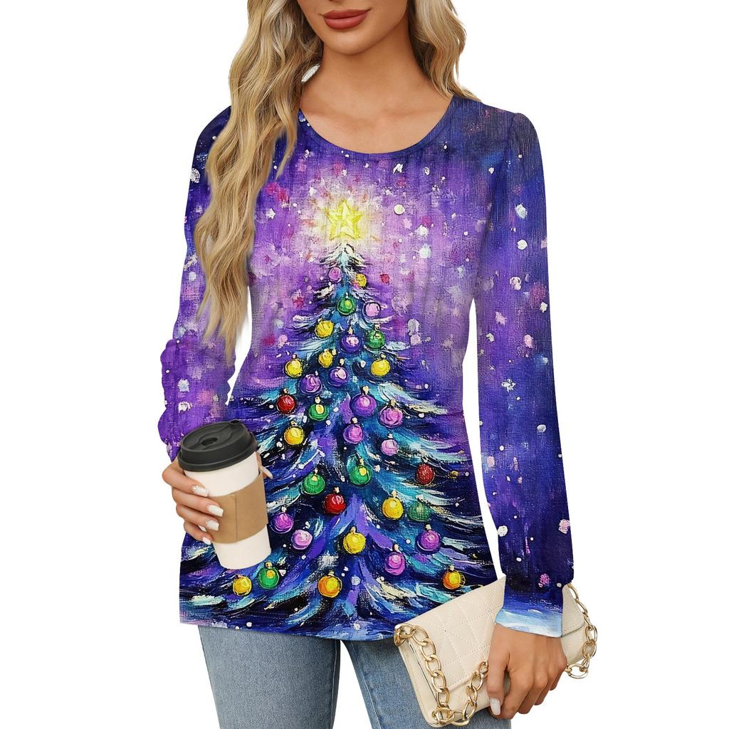 Рубашки с длинным рукавом для женщин Милые принты Графические футболки Блузки Нарядные повседневные блузки Плиссированные туники с круглым вырезом Топы Рождество