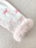Girls' Pink And White Satin Pajama Set, Cute Pink Bow Print Open Front Collar Long Sleeve Top & Pants Winter Nighties With Fuzzy Cuff, 8Y-12Y Fall