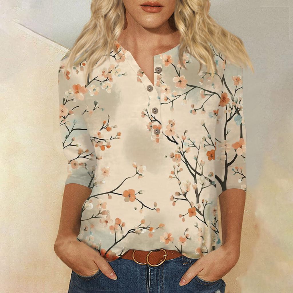 Женский свободный повседневный топ с рукавом семь четвертей и цветочным принтом с круглым вырезом на пуговицах