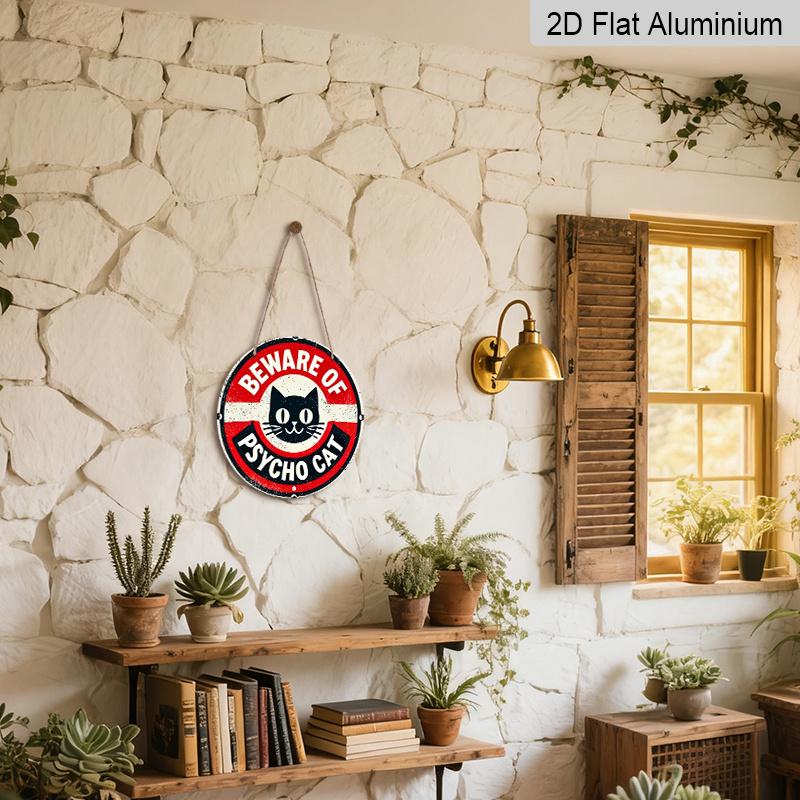 2D Flat 1pc, 8x8 in, Room Decor 1pc Vintage "Beware of Psycho Cat" Metal Sign, Aluminum Round Printed Wall Art, Home & Club Decor, Interior