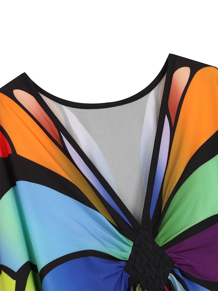 EDOLYNSA Plus Size Kaftan Red Bohemian Printed Summer Long Beach Dress Women Homewear Outfit Swim Suit Cover Up Loose Caftan