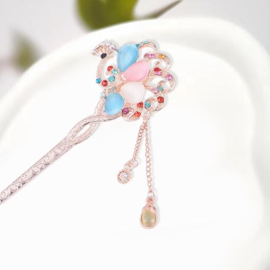 Women Hair Stick Chinese Style Vintage Colorful Rhinestone Flower Decor Tassel Hollow Out Exquisite Stainless Alloy Lightweight Hair Fork Hanfu