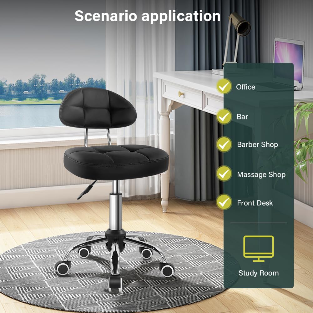 BFTOU Black Square Minimalist Swivel Stool with Wheels Work Spa Shop Massage Height Adjustable and Rolling Stool Chair with Backrest Cost-Effective