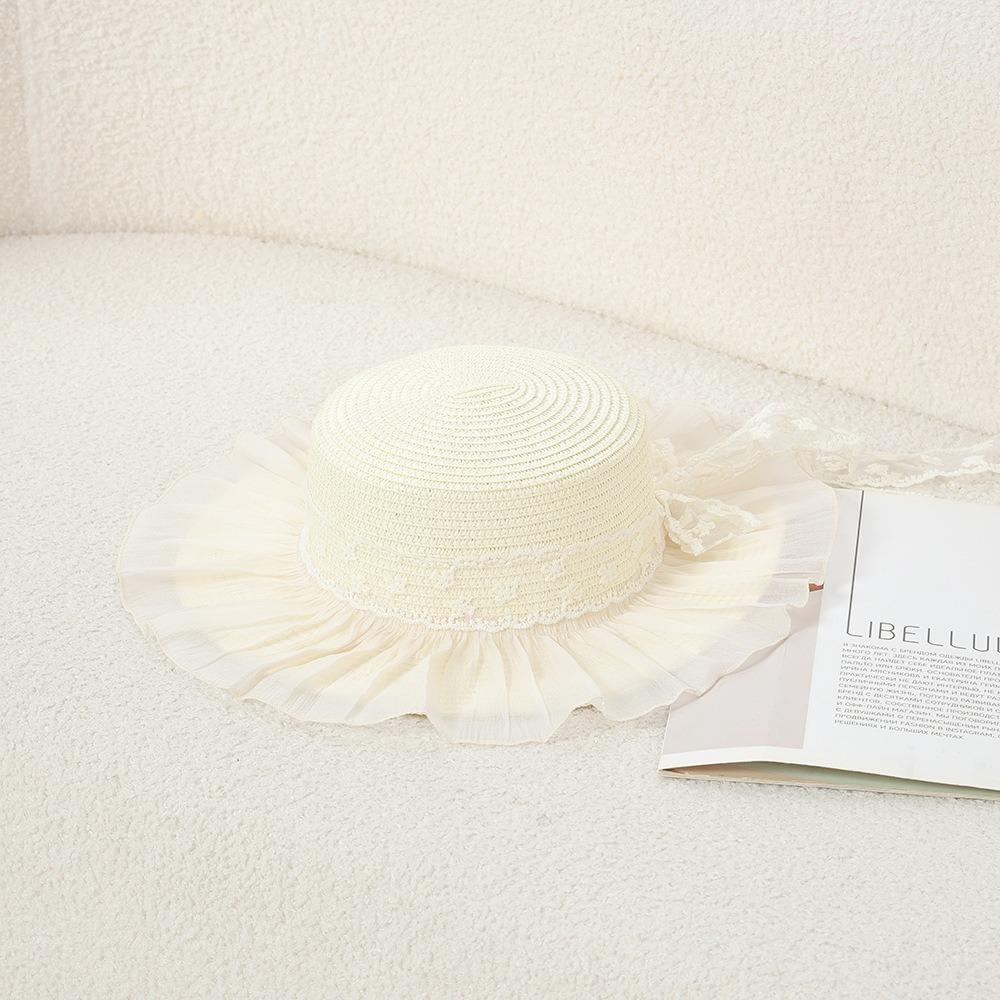 Lace Flower Straw Hat Breathable Material Solid Fringe Beach Straw Hat Extended Brim Elegant Style Wide Brim Sun Hat