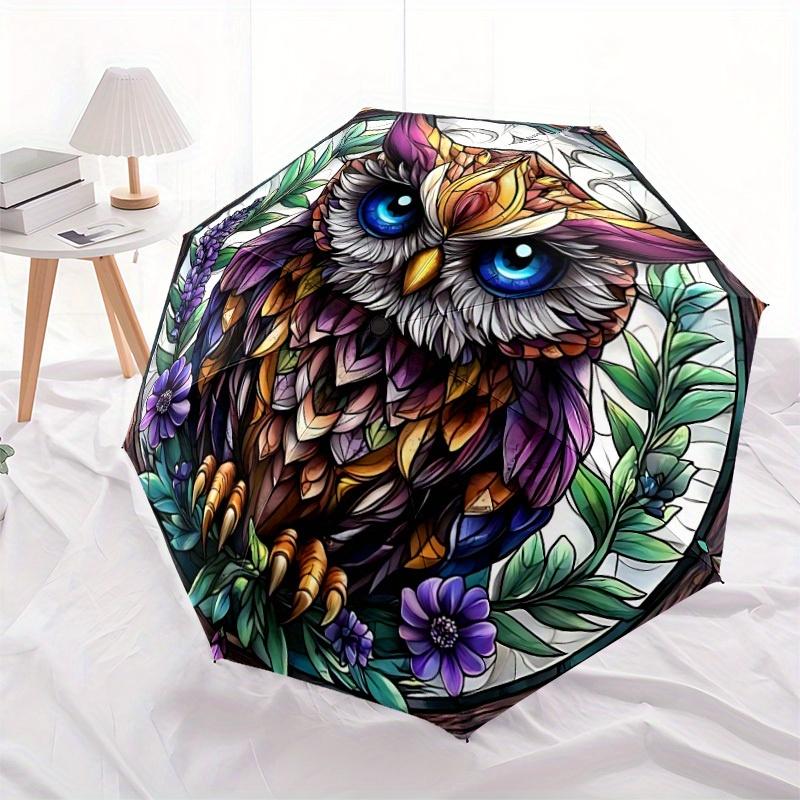 1pc Stained Glass Ow Automatic Folding Umbrella, Portable & Foldable Design with 8 Ribs, Casual Outdoor Accessory Halloween and Christmas gi