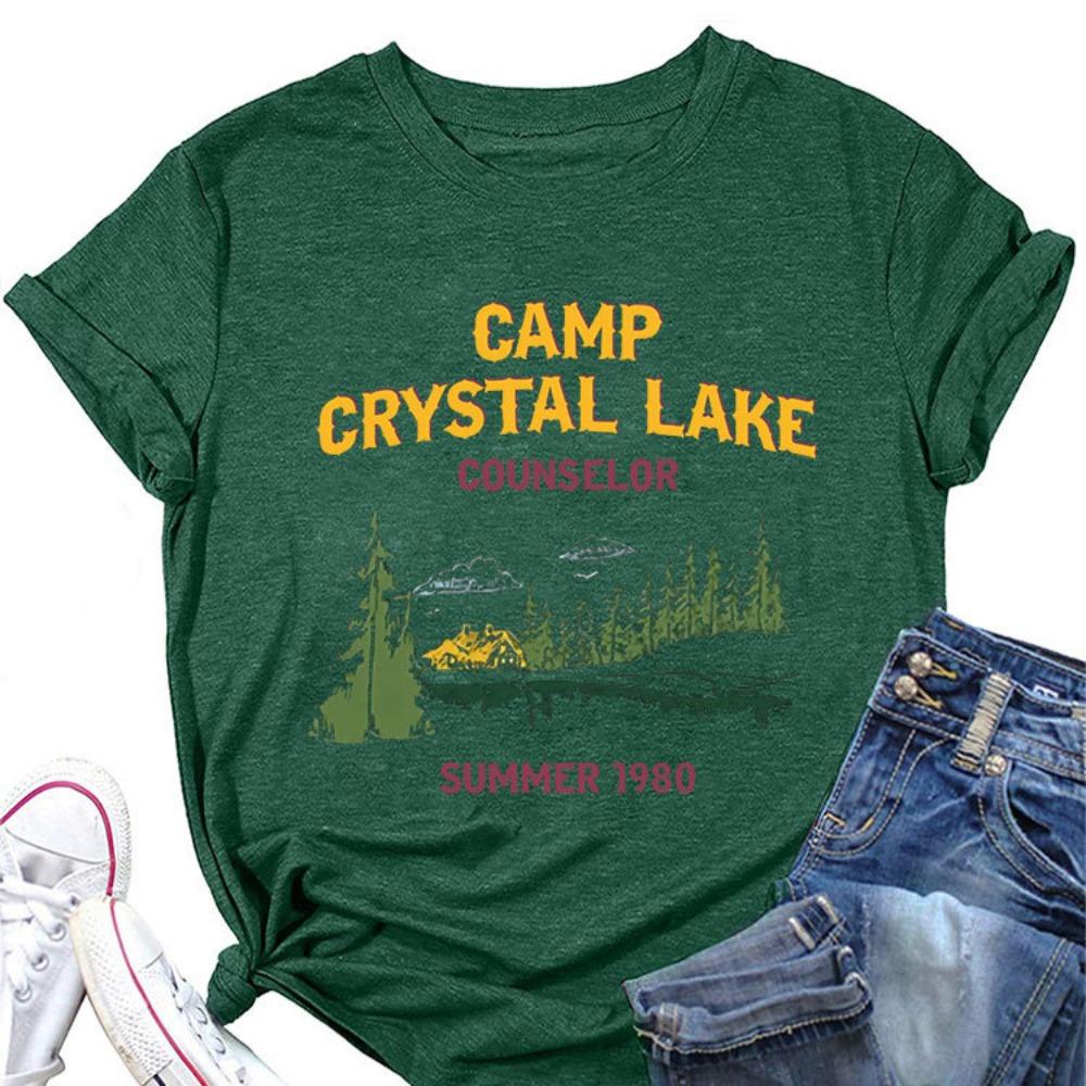 Летняя новая женская футболка с короткими рукавами, с принтом Camp Crystal Lake, свободный крой, круглый вырез, повседневный топ, сочетается со всей модной одеждой