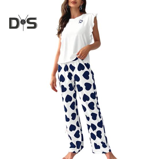 Женский атласный пижамный комплект, топ с оборками и широкие брюки, повседневный комплект из 2 предметов домашней одежды для отдыха