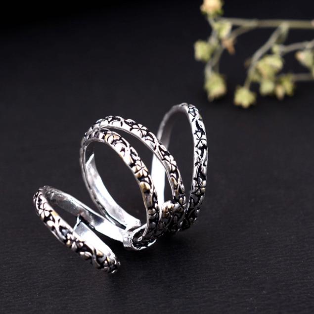 Handmade Silver Arthritis Ring Adjustable Double Band Oxidized Criss Cross Pattern Boho Tribal Jewelry Gift for Women & Men