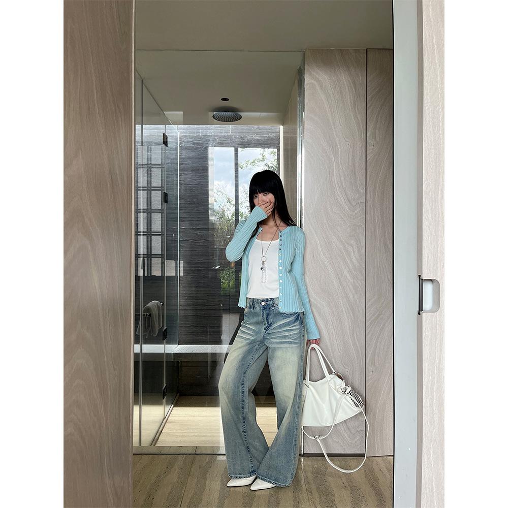 Retro old blue jeans women's autumn versatile high waist mopping loose wide-leg straight trousers