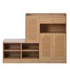 Shoe Cabinet with Padded Bench, 3 Woven Rattan Doors and 1 Drawer, Storage Cabinet with Shoe Rack for Hallway, Wood Look, W142xD35xH110 cm