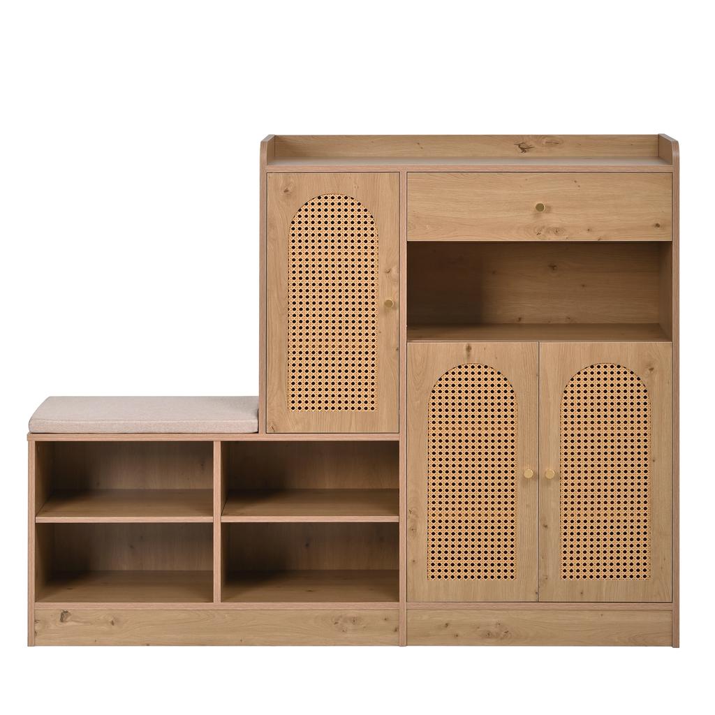 Shoe Cabinet with Padded Bench, 3 Woven Rattan Doors and 1 Drawer, Storage Cabinet with Shoe Rack for Hallway, Wood Look, W142xD35xH110 cm