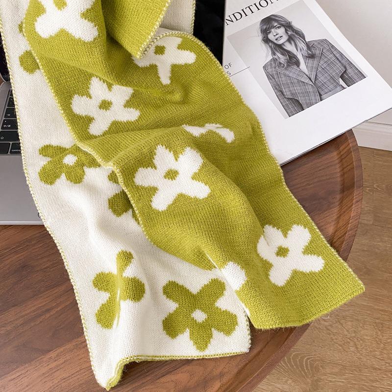 New Flower Solid Color Soft Waxy Knitted Wool Scarf Female Autumn and Winter Student Versatile Warm Scarf